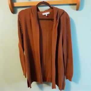 Rust colored open front cardigan with hood